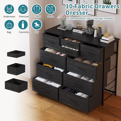 LUMTOK 10-Drawer Dresser, Fabric Dressers Drawers for Bedroom, Hallway, Nursery, Closets, Steel Frame, Wood Top, Easy Pull Handle (Black Wood Veins)