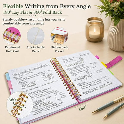 Hardcover Spiral Notebook 8''x 10'' College Ruled Notebook with Magnetic Closure, 300 Pages 5 Subject Notebooks with Pocket Dividers for Work School, B5 Leather Journal for Women, Men (Rose Purple)