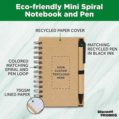 Custom Mini Spiral Notebooks with Black Ink Pens Set of 10/50/100, Personalized Bulk Pack - Perfect for School, Office, Business, Home - Black