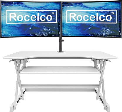 Rocelco 40" Large Height Adjustable Standing Desk Converter with Dual Monitor Mount BUNDLE - Quick Sit Stand Up Computer Workstation Riser - Retractable Keyboard Tray - White (R DADRW-40-DM2)
