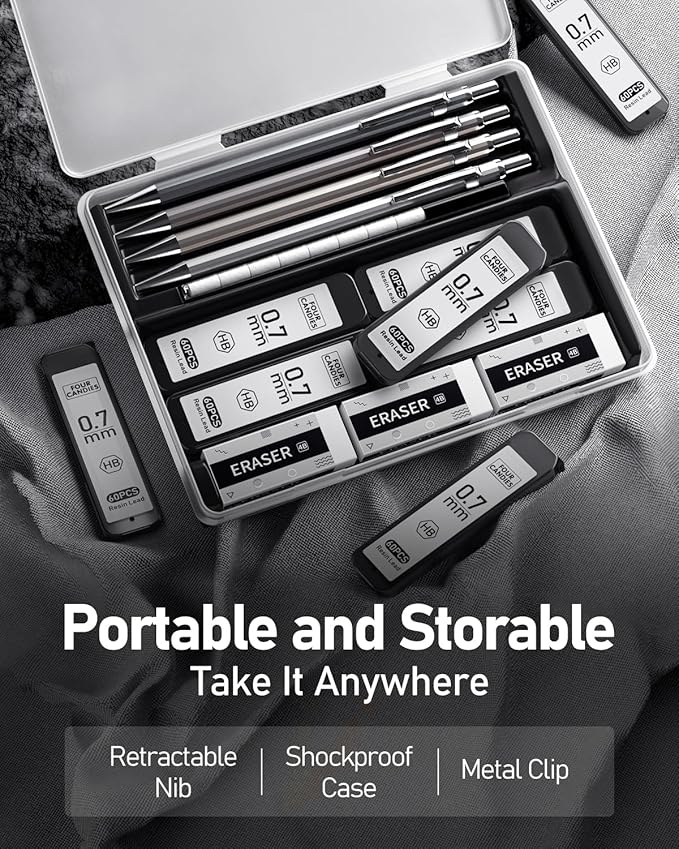 4PCS Metal Mechanical Pencil Set, 0.7mm Medium Point Pack with Storage Case | 480 Leads, 3 Erasers+9 Refills, For School Writing, Sketching, Art Drawing & Professional Drafting