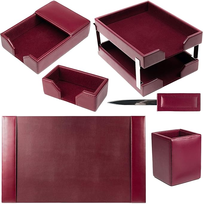DACASSO Bonded Leather Desk Set - Luxury Leather Desk Pad & Desk Organization Essentials (Burgundy, 8 Piece)