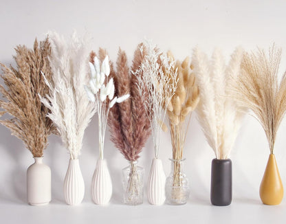 128 PCS Dried Pampas Grass Bouquet, Boho Table Decor, Bunny Tails Dried Flowers, Brown Pampas, White Pampas Grass for Weddings, Home Decor, Rustic Parties, and Baby Shower Decorations