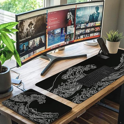 iCasso Mousepad, Gaming Mouse Pad, XXL Large Desk Mat, Big Rubber Base Mouse Mat with Stitched Edges, Computer Keyboard Desk Pad for Work, Game, Office, Home - Black Wave of Kanagawa