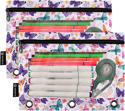 Butterfly Lavender Binder Pouches 3 Ring for Boys Girls School Office College Supplies Purple Rose Flower Pencil Pouches Case Bag with Clear Window and Zipper 2 Pack