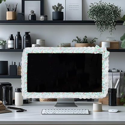 Kingshion 24-inch Cute Lace Fabric Monitor Cover with Elastic Pen Pocket & Bow-knot Design, Dust Protector for Computer/TV/LCD Screens- Green