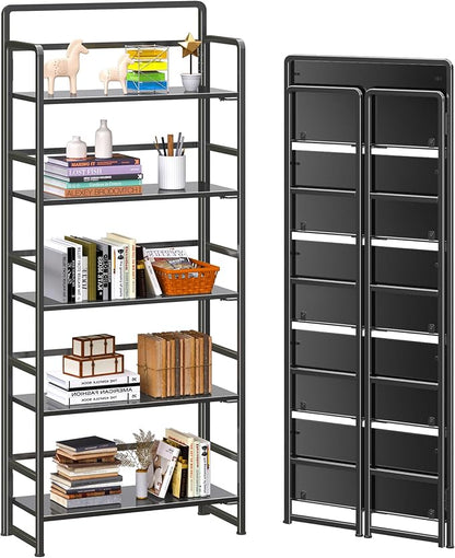 4NM No Assembly 5 Tiers Folding Bookshelf Storage Shelves Vintage Bookcase Standing Racks Study Organizer Home Office (All Black)