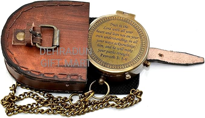 'Trust in The Lord'' Proverb3:5-6 Special Bibal Quote Scriptue Engraved Compass with Leather Case Guidance Gift | Religious Gift Compass | Baptism Gift | Graduation Gift Compass