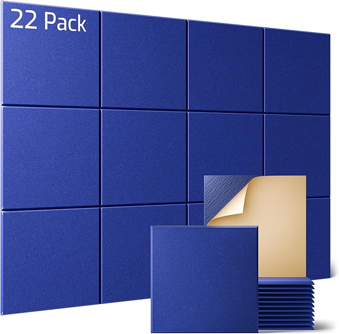 Sonicism 22 Pack Acoustic Wall Panels with Self-Adhesive, 12" X 12" X 0.4" Sound Proof Foam Panels, Decorative Soundproof Wall Panels, Sound Proof Absorbing Tiles for Home & Offices, Blue