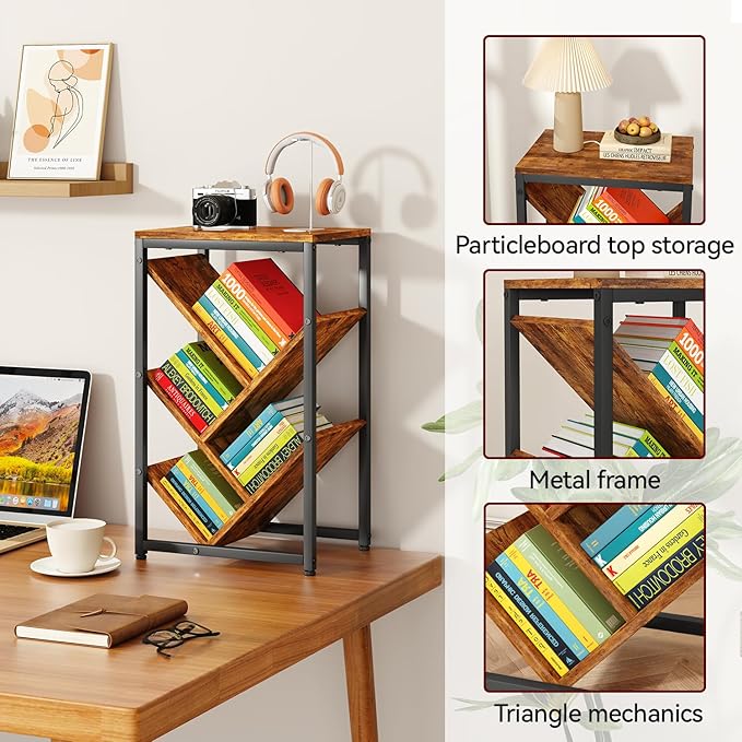 IBUYKE 5 Tier Tree Bookshelf, Small Desktop Bookshelf with Storage Organizer,for Books/CDs/Movies,Desk Display Bookcase for Bedroom Living Room,Rustic Brown,TBC003H