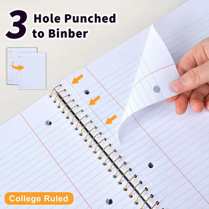 Spiral Notebook College Ruled Paper 8" x 10-1/2", 1 Subject Spiral Notebook 80GSM Paper, 3-Hole Punched Perforated Pages Ideal for School, Office, Writing, 75 Sheets Lined Journaling Notebook, Black