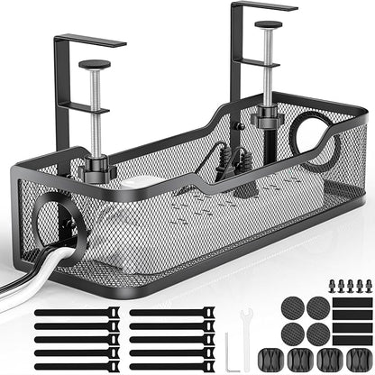 Under Desk Cable Management Tray, GZOKMOG Cord Management with Upgraded Clamp No Drill, Metal Cable Management Box for Home Office, Wire Management for Standing Desk, 1 Pack Black, 13.38 inch
