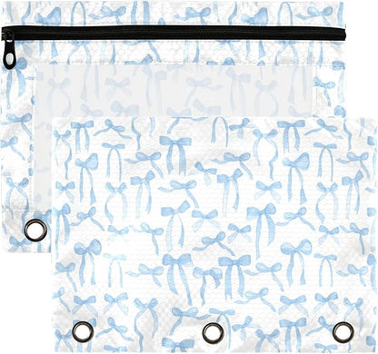 Wamika Bowknot Blue White Binder Pouches 3 Ring for Boys Girls School Office College Supplies Bow Ribbon Tie Pencil Pouches Case Bag with Clear Window and Zipper 2 pack