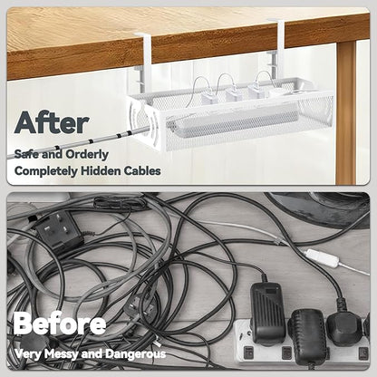 Cable Management, 15'' Under Desk Cable Management Tray No Drill, Metal Cable Organizer with Clamp for Wire Management, Cord Organizer for Home Office, Desk Accessories Organizer, White