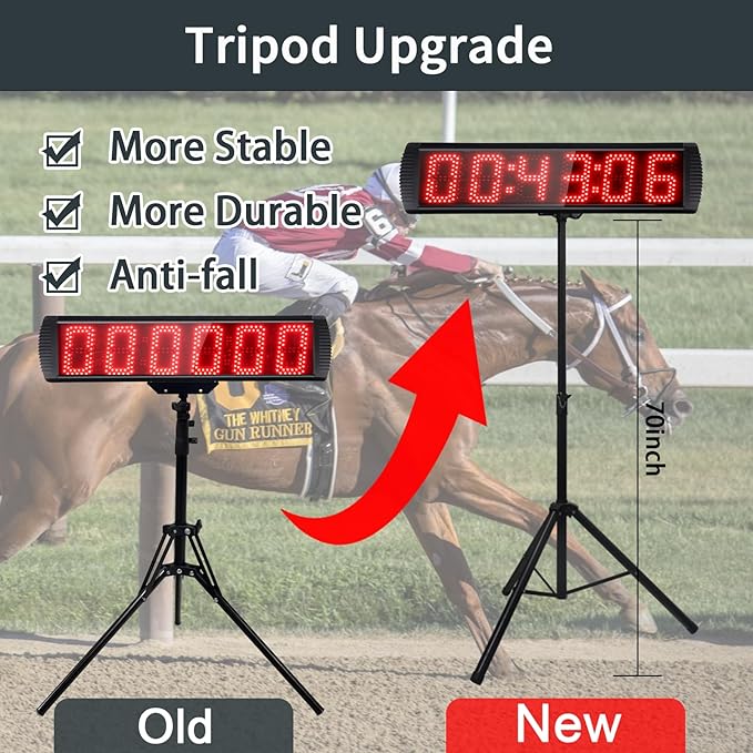 Large LED Display Digital Race Timer with Battery,Function-Countdown/Up/Time Clock, Remote Control, Tripod Stand and Adjustable Brightness for Sports Events, Races, Meetings, Presentations