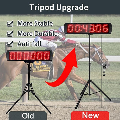 Large LED Display Digital Race Timer with Battery,Function-Countdown/Up/Time Clock, Remote Control, Tripod Stand and Adjustable Brightness for Sports Events, Races, Meetings, Presentations