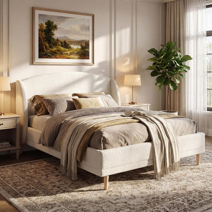 Queen Upholstered Bed Frame with Wingback Headboard (White, Queen) | Cloud Boucle Platform Bed, Solid Wood Legs, Strong Wood Slats Support, No Box Spring Required