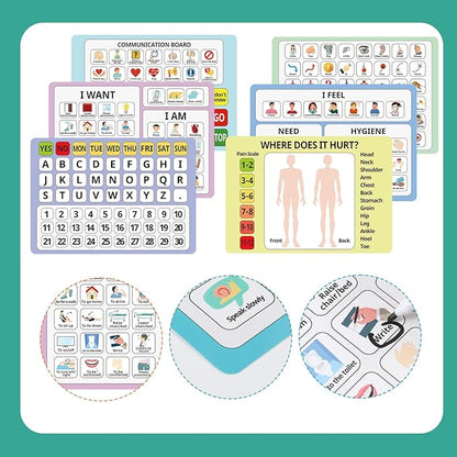6 Pcs Communication Boards for Non Verbal Adults 11.81 x 8.27'' Colorful Picture Symbol Communication Cards Speech Tool for Autism Aphasia Stroke Patients Hospital Care Use (Multi)