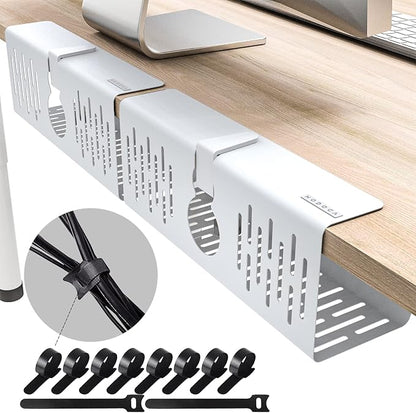 NODOCA No Drill Under Desk Cable Management Tray, 14'' Wire Management, Punch-Free Clamp on, Metal Cable Tray, Wire Organizer Under Desk, Under Desk Basket for Office and Home, White(2 Packs)