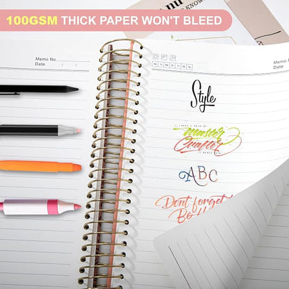 Spiral Notebook Wide Ruled Leather Journal for Women, 300 Pages, 7X10,Pink | Large Notebooks for School Office, Note Taking Notebooks for Writing Lined Notebook with Tabs Pockets Pen Holder