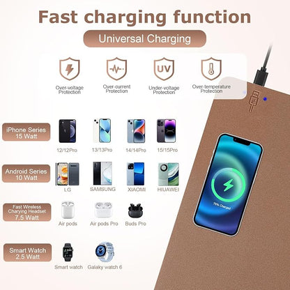 Wireless Charging Mouse Pad Firelison 2 in 1 Leather Multifunctional Office Desk Pad with Non-Slip Rubber Base, Waterproof Desk pad for Computers/Office/Work/Home/Decor（ 32" x 16"Buff - L