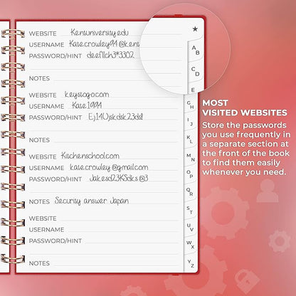 Clever Fox Password Book Spiral – Internet Address & Password Organizer with Laminated Alphabetical Tabs – Password Keeper Journal – Hardcover, Medium Size, 6.1x7.7” (Red)