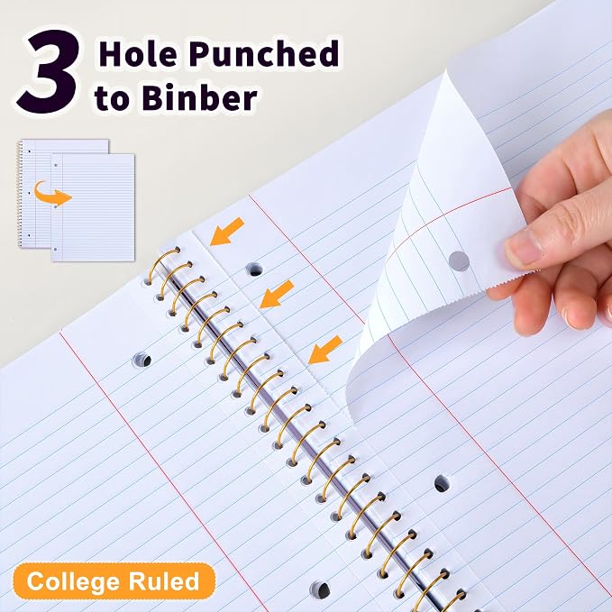 Spiral Notebook College Ruled Paper 8" x 10-1/2", 1 Subject Spiral Notebook 80GSM Paper, 3-Hole Punched Perforated Pages Ideal for School, Office, Writing, 75 Sheets Lined Journaling Notebook, Purple