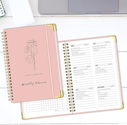 Undated Weekly Planner with Metal Corner Hardcover Notebook , A5 Size Journal with To Do List Planner, Habit Tracker,Weekly Goals for ADHD,Student, Office, Women, Men ,Gifts,6 x 8 inches，Spiral Bindding ,Pink