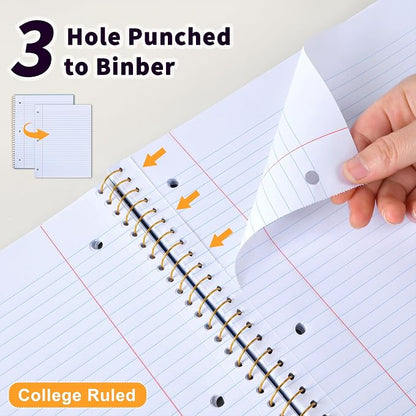 Spiral Notebook College Ruled Paper 8" x 10-1/2", 1 Subject Spiral Notebook 80GSM Paper, 3-Hole Punched Perforated Pages Ideal for School, Office, Writing, 75 Sheets Lined Journaling Notebook, Blue