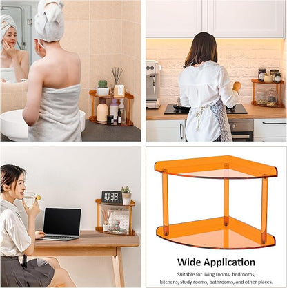 Sezanrpt 2 Tier Acrylic Corner Shelf Organizer Storage 9.5x9.5x8 Inch, Orange Countertop Corner Shelf for Bathroom, Kitchen, Bedroom, Office, Study Room