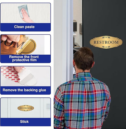 Restroom Sign Sticker for Business & Home, Self-Adhesive Brushed Gold Elegant Bathroom Signs for Door, Durable & Waterproof Unisex Restroom Signage for House toilet, Office, Store, Shop
