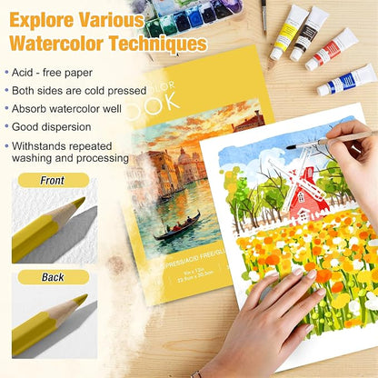 Watercolor Paper Pad, 9"x12" Water Color Paper, 140lb/300gsm, 18 Sheets - Artist Grade for Watercolor, Painting & Mixed Media - Watercolor Sketchbook Journal & Drawing Pad for Adults & Kids, Yellow
