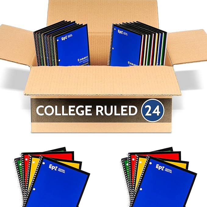 EPI Spiral Notebook | 5 Subject - College Ruled - 180 Sheets, Durable Spiral Binding | 10.5 x 8 in | Classroom Supplies | School, Office, Note Taking, Journaling - 24 Pack