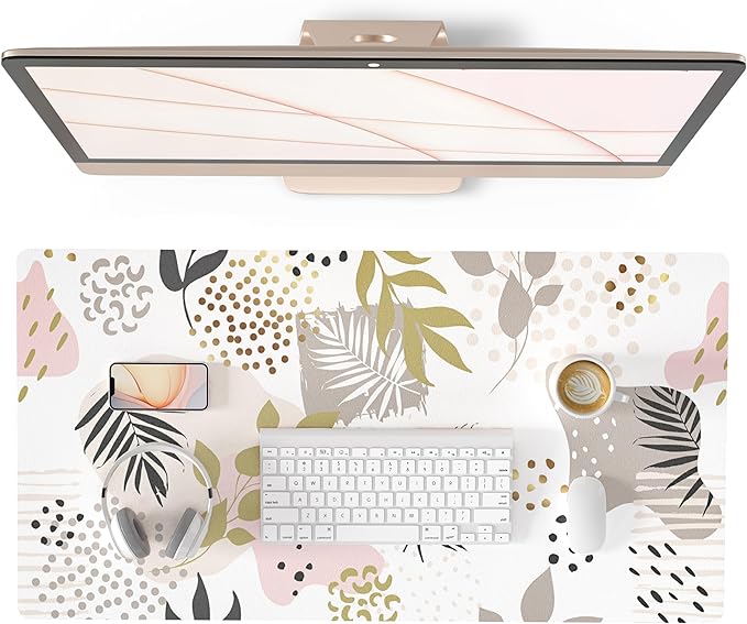 QIYI Large Mouse Pad, Exotic Pattern Desk Mat for Desktop, Women Girls Office Décor Desk Accessories, PU Leather Waterproof Gaming Mousepad, Tropical Plants Gold Desk Pad Computer Mat, 31.5" x 15.7"