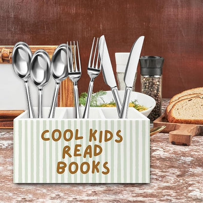 Cool Kids Read Books Pen Pencil Holder Organizer for Desk, Book Lover Reader Bookworm Gifts Wooden Box Signs Decorations for Reading Corner Nook Room Classroom Desk Tabletop, Reading Room Decor