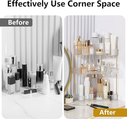 YCIA&DONE Corner Bathroom Counter Organizer, Makeup Organizer for Vanity, Skincare Cosmetic Perfume Tray, Corner Countertop Shelf Rack Storage for Bathroom Kitchen 3 Tiers (Clear White)