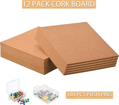SUNGIFT Cork Board 12"x12" - 1/2" Thick Square Bulletin Boards 12 Pack Cork Tiles with 100 PCS Push Pins Mini Wall Self-Adhesive Corkboards Tiles for Wall