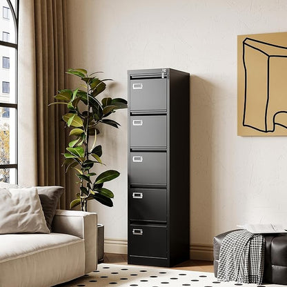 Fesbos File Cabinets - 5 Drawers Vertical 17.8" Deep Lockable Filing Cabinet - Black & Gray Metal Storage Cabinets for Home Office to Hanging Files Letter/Legal/F4/A4 Size