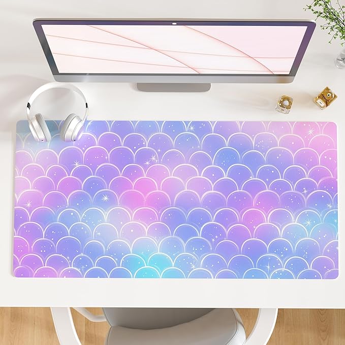 QIYI Multifunctional Office Desk Pad, Water-Resistant PU Leather Mouse Pad, Home Décor Large Desk Organizer Mat, Non Slip Base Writing Pads for Home & Office 31.5" x 15.7" - Mermaid Scales