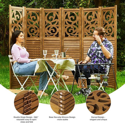 Room Divider Wood Carved Wall Divider Indoor Folding Portable Partition Screen for Home Office Garden Terrace - 6 Panel, 67 * 90inch (Dark Brown)