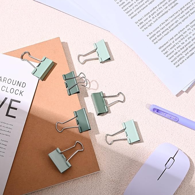 Temiary Aesthetic Binder Clips, Medium Metal Binder Clip with Clear Storage Container, Binding Paperwork Clamps for School Teachers Office Supplies (Green 1.26 Inch, 24P)