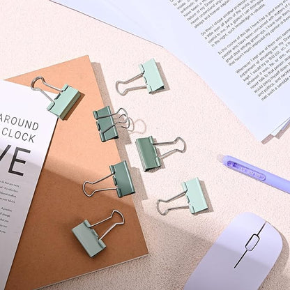 Temiary Aesthetic Binder Clips, Medium Metal Binder Clip with Clear Storage Container, Binding Paperwork Clamps for School Teachers Office Supplies (Green 1.26 Inch, 24P)