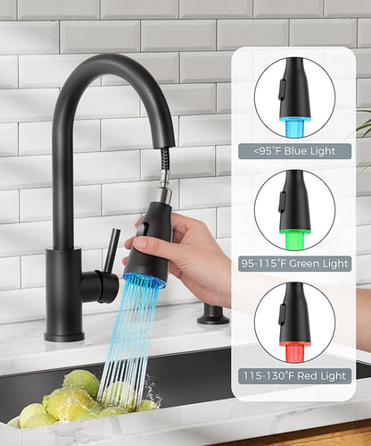 FORIOUS LED Kitchen Faucet with Soap Dispenser and Pull Down Sprayer, Matte Black High Arc Single Handle 3 Modes Stainless Steel Bar Faucet for Kitchen Sink RV Laundry Camper