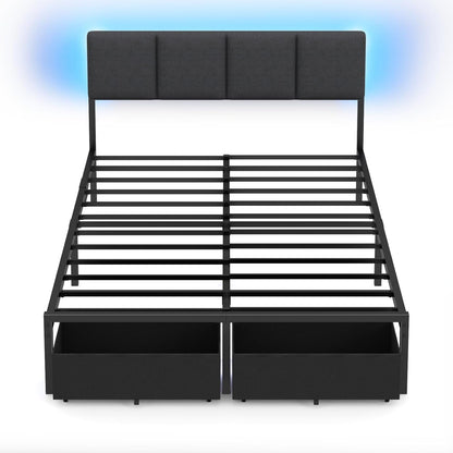 Full Size Bed Frame with Headboard, Upholstered Full Bed Frame with LED Light, USB Charging Station, Platform Bedframe with 2 Fabric Underbed Storage Drawers, No Spring Box Needed