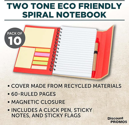 DISCOUNT PROMOS Custom Eco Friendly Spiral Notebooks with Pens Set of 10, Personalized Bulk Pack - Perfect for School, Office, Home - Red
