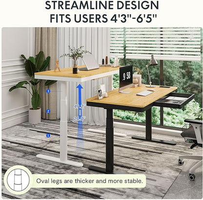 SANODESK Standing Desk with Drawer,Dual Motor 3 Stage Electric Height Adjustable Home Office Desk with Storage & Wireless Charging, 55 inch Bamboo Tabletop/White Frame