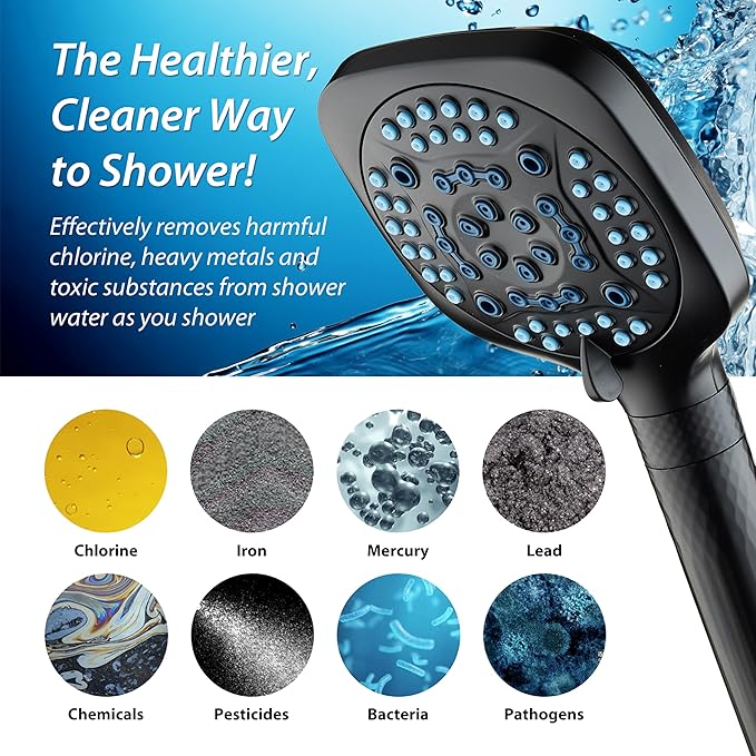 AquaCare 4X High Pressure 10 Spray Mode Filtered Showerhead - Handheld Shower Head Filters Chlorine to Heal Dry Skin, Revive Hair - Dual Power Wash Cleans Tub, Tile, Pets - Hard Water Softener, Black