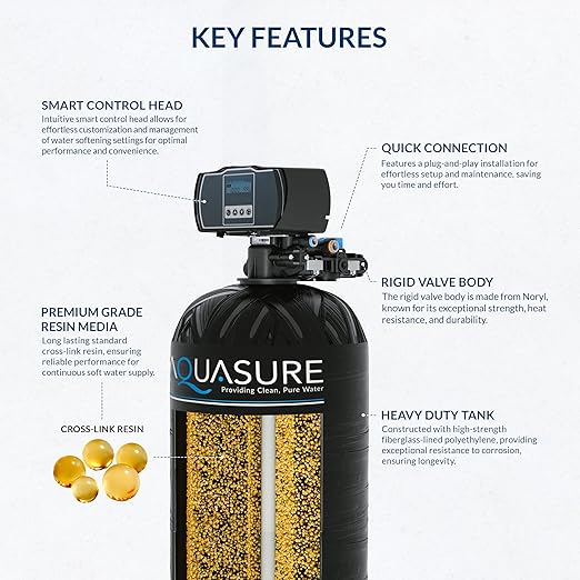 Aquasure Harmony Series 32,000 Grains Whole House Water Softener with High Performance Automatic Digital Metered Control Head | Reduces Hardness and Improves Water Quality | for 1-2 bathrooms