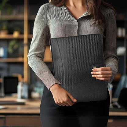 LEATHER VILLAGE Portfolio Professional Organizer– Carbon Fiber Genuine Leather Padfolio Resume Folder for A4 Letter Pad with Pen Holder, Business Card Slots – Ideal for Men & Women- Black Orange