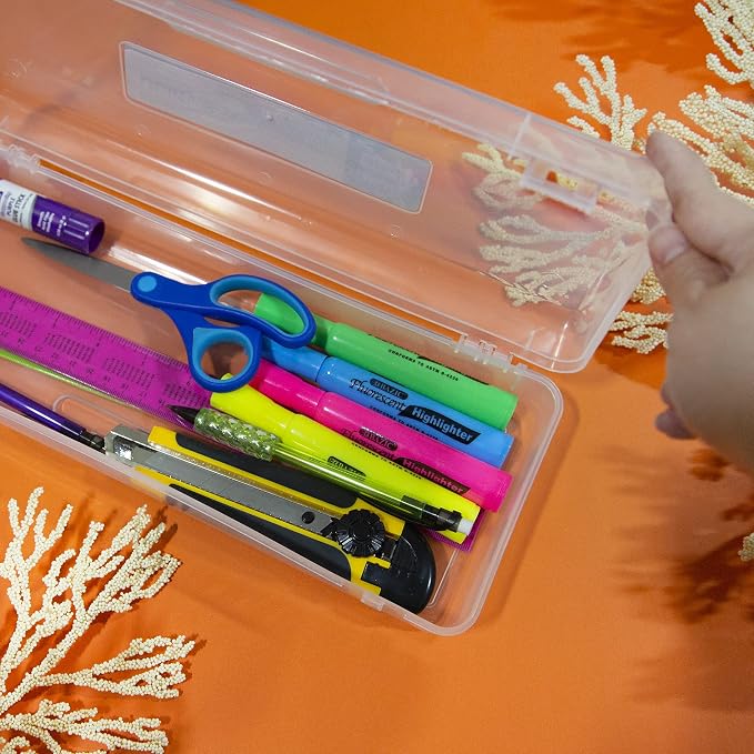 BAZIC PRODUCTS Clear Ruler-Length Pencil Box, 12-Case | 13 3/8 x 5 3/8 x 2 1/2 in, snap-latch lid for long supplies